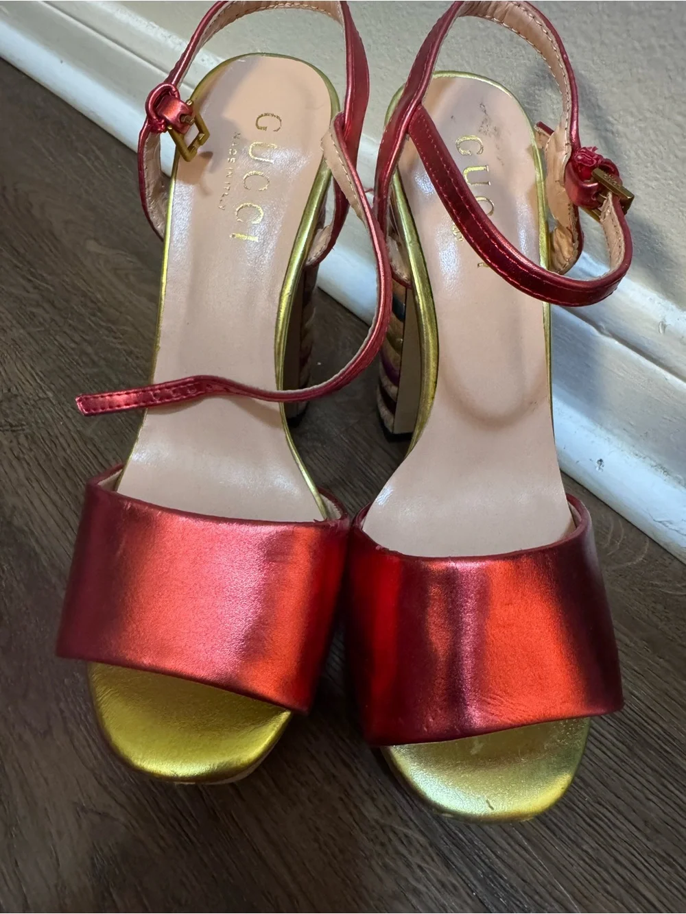 Gucci Metallic Red Platform Sandals with Rainbow Stacked Heel